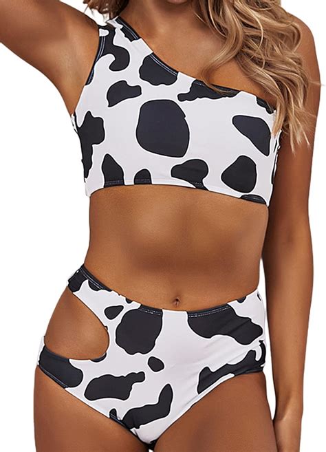 Amazon Avanova Women S Cow Print Pieces Bikini Set One Shoulder Cutout Waist Swimsuit