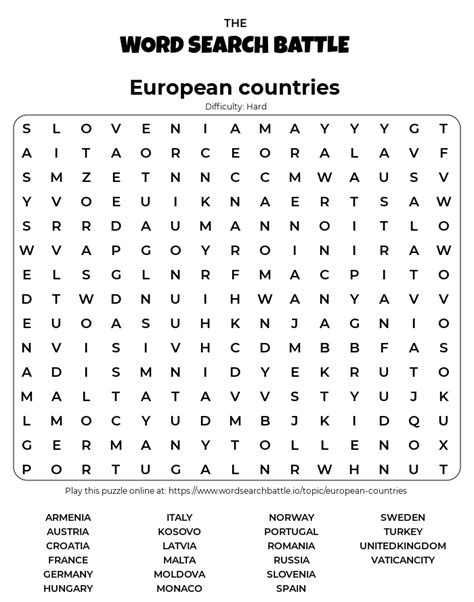 Countries Of Europe Word Search