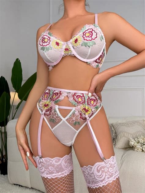 Conjunto De Lingerie Bordado Floral Malha Fio Liga Meias