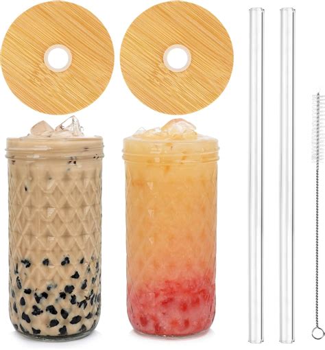 Brimley 20oz Glass Boba Bubble Tea Cup With Acacia Lid 2