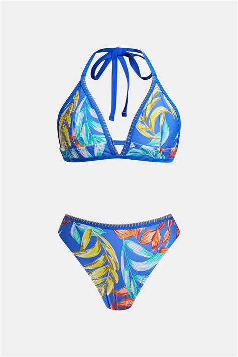 Tropical Print Whip Stitch Bikini Top High Rise Bottoms Set