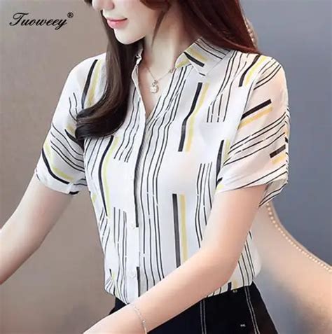 2019 Women Stried Shirt Chiffon Blusas Femininas Tops Short Sleeve