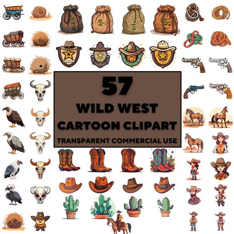 WILD WEST CARTOON Clipart Bundle 57x Png Western Watercolor Transparent Digital Download for ...