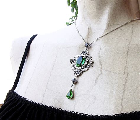 Green Gothic Necklace With Swarovski Crystal Rhinestones Aranwens