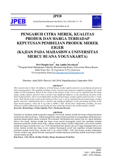 Pdf Pengaruh Citra Merek Kualitas Produk Dan Harga Terhadap