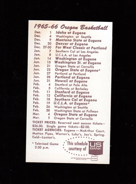 Old 1965-66 University of Oregon Ducks BASKETBALL POCKET SCHEDULE Jim ...