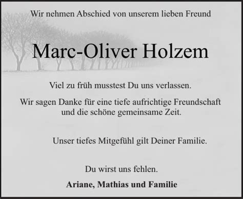 Traueranzeigen Von Marc Oliver Holzem Sh Z Trauer