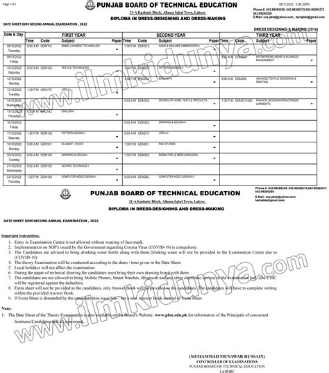 Punjab Board Of Technical Education Pbte Ddm Date Sheets 2024