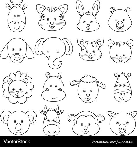 Set cartoon animal face line drawing Royalty Free Vector