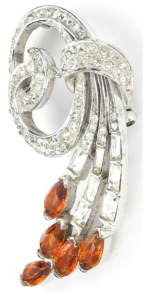 Mb Boucher Pave And Baguettes Bow Swirl With Teardrop Citrines Pin