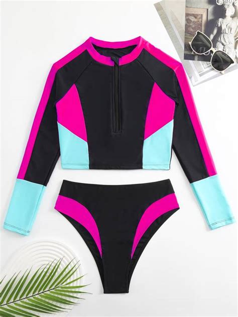 SHEIN Swim SPRTY Color Block Zip Front Bikini Swimsuit With Long Sleeve