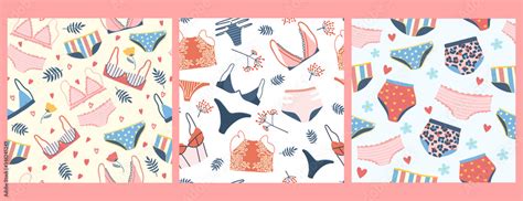 Set Of Seamless Patterns With Woman Lingerie And Underwear Three Backgrounds With Stylish Bras