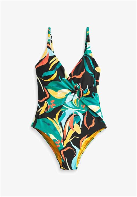 Next Ruched Tummy Control Wrap Swimsuit Badeanzug Black Tropical