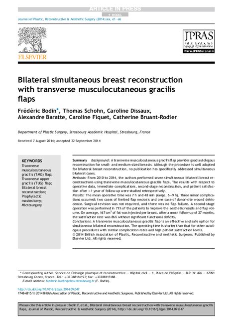 (PDF) Bilateral simultaneous breast reconstruction with transverse musculocutaneous gracilis ...