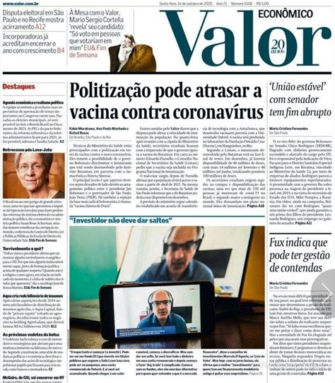 Capa Valor Econômico Edição Sexta 16 de Outubro de 2020