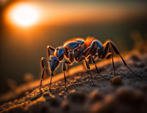 Un Primer Plano De Una Hormiga En Un Tronco Con El Sol De Fondo Foto