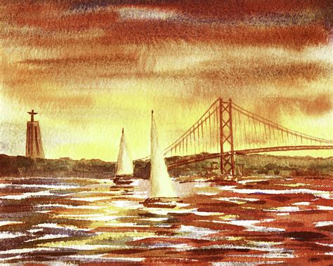 Sunset On Tagus River Lisbon Portugal Bridge Twenty Fifth Of April Two