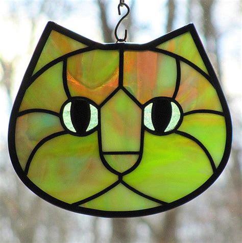 Stained Glass Cat Face Suncatcher Funky Green Purple Pink Blue Etsy Stained Glass