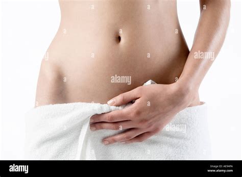 Naked Woman Hand On Towel On Her Sexe Close Up Studio Stock Photo Alamy