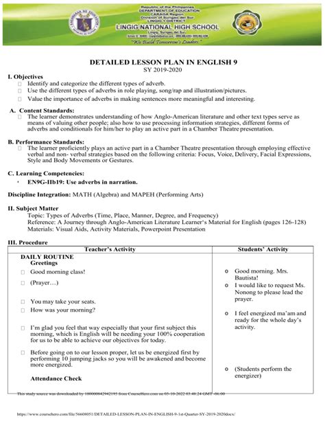 DETAILED LESSON PLAN IN ENGLISH 9 1st Quarter SY 2019 2020 Docx Converted