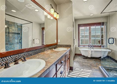 Master Bathroom with Double Sink Vanity Cabinet. Stock Image - Image of estate, building: 126581781