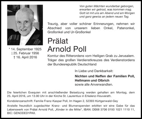 Traueranzeigen von Prälat Arnold Poll Aachen gedenkt