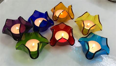 Rainbow Fused Glass Candle Holders Set Of 7 Chakra Colors Etsy Fused Glass Candle Holder