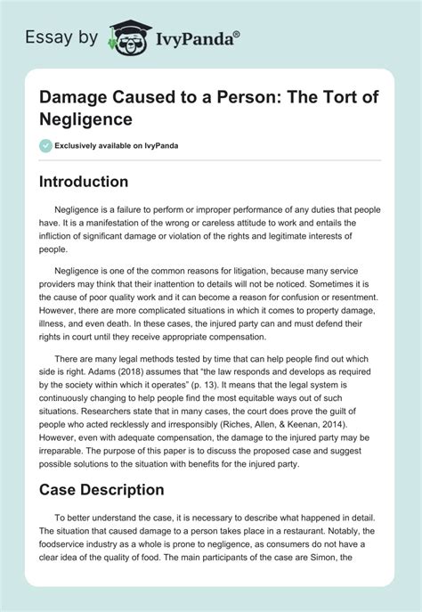 Damage Caused To A Person The Tort Of Negligence Words Case