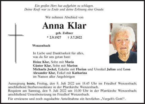 Traueranzeigen Von Anna Klar Mittelbayerische Trauer