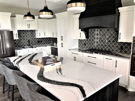 Black and White Kitchen Design with Marble Countertops and Black Appliances