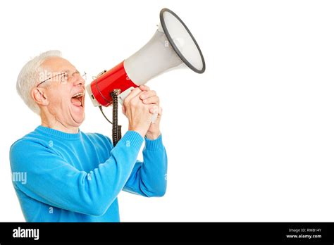 Senior Calls Out Loud In A Megaphone For Better Communication Stock