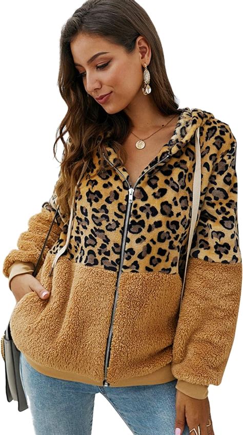 Shilanmei Women S Coat Leopard Lapel Fleece Fuzzy Faux Shearling Zipper