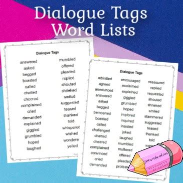 Dialogue Tags Lists - Free Word Work