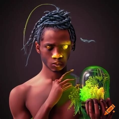 Portrait Of A Black Man With Glowing Hair Holding A Bell Jar On Craiyon