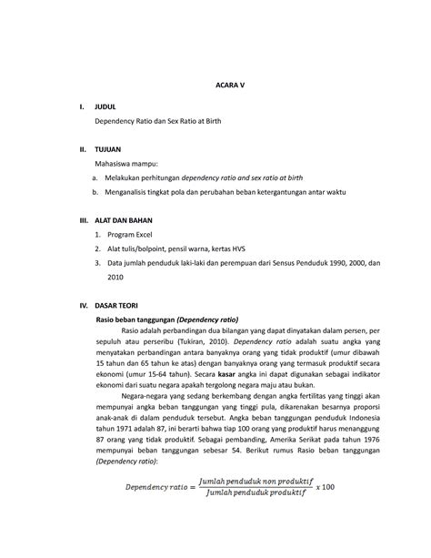 5 Acara Dependency Dan Sex Ratio Acara V I Judul Dependency Ratio Dan Sex Ratio At Birth Ii