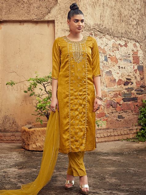 Mustard Embellished Silk Kurta With Silk Blend Pants And Net Embellish