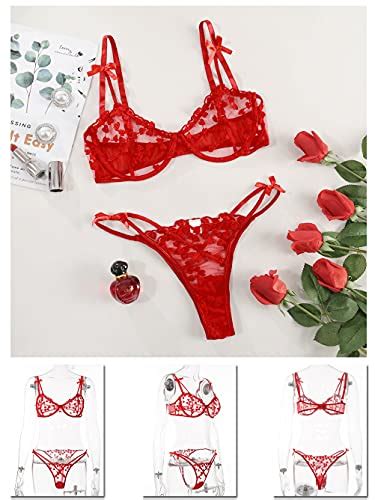 Kaei Shi Sexy Bra And Panty Sets Heart Embroidered Mesh Lace Lingerie