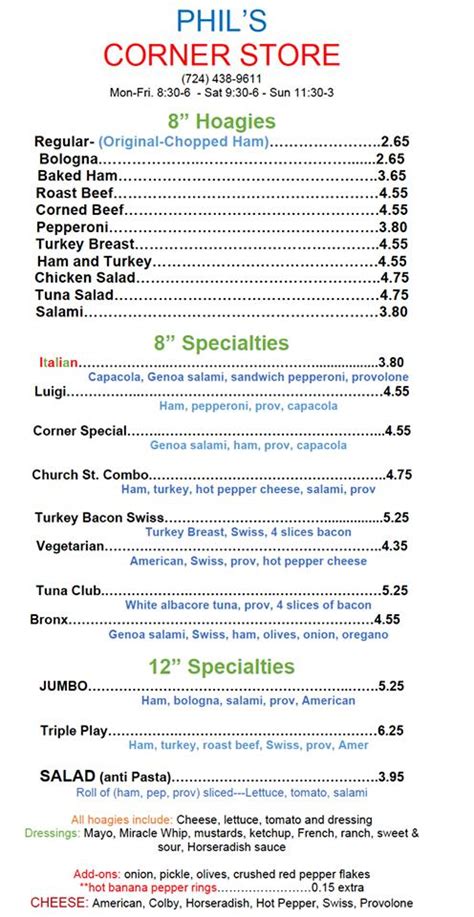 Menu At Phils Corner Store Uniontown