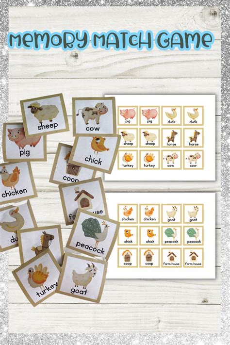 memory match game farm animals printable memory match game
