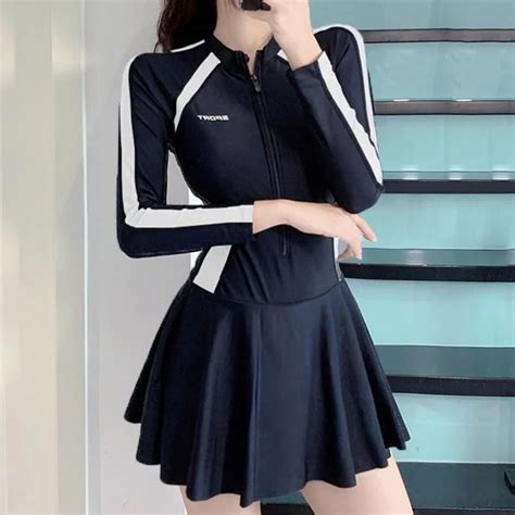 Letter Long Sleeve Zipper Skirt Swimsuit Color Blocking Patchwork Hot Spring Swimwear With