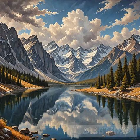 A panoramic painting of a majestic mountain range