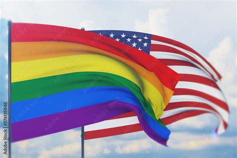 Concept D Illustration American And Rainbow Flag LGBT Pride Flag Or Gay Pride Flag Waving At