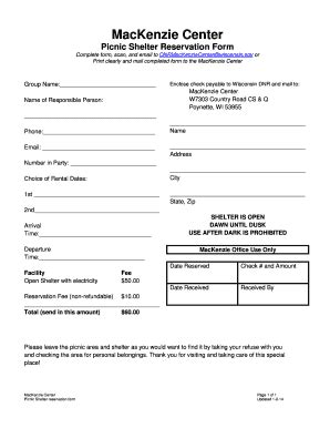 Fillable Online Mackenzie Center Picnic Shelter Reservation Form