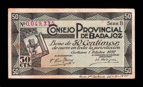 España Billete Local Badajoz 50 Céntimos 1937 Mbc Vf NUMISMÁTICA LA LONJA