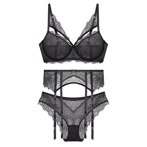 Black Womeny Unlined Lingerie Set Pcs Bra Panty Set With Garter Lace Push Up Hollow Out