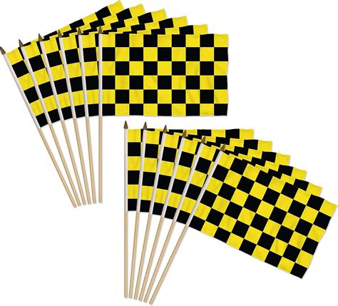 Yellow And Black Checkered 12x18in Stick Flag 1 Dozen Pack Office Products