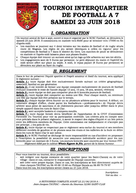 Règlement et formulaire dinscription au Tournoi du 23 Juin