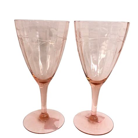 Lot Of 2 Vintage Pink Depression Etched Wine Stem Glasses Etsy