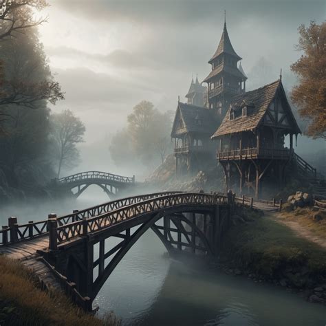 Dramatic Fantasy Settlement Scene Fog Covered River