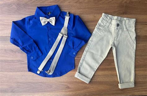 Calça Nude Camisa Manga Longa Azul Royal e Kit Gravata e Suspensório Infantil Lojinha da